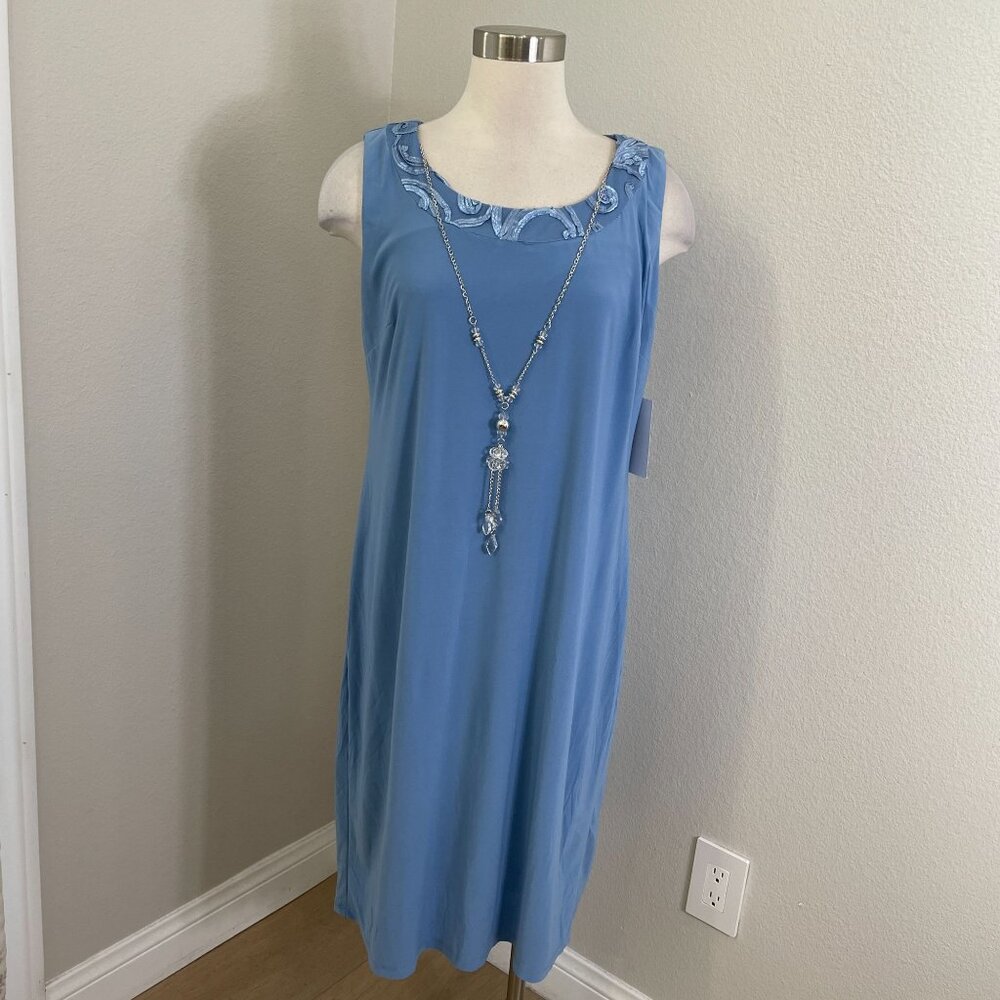 NEW R&M Richards Womens 14 Blue Sleeveless Dress With Necklace Stretch‎